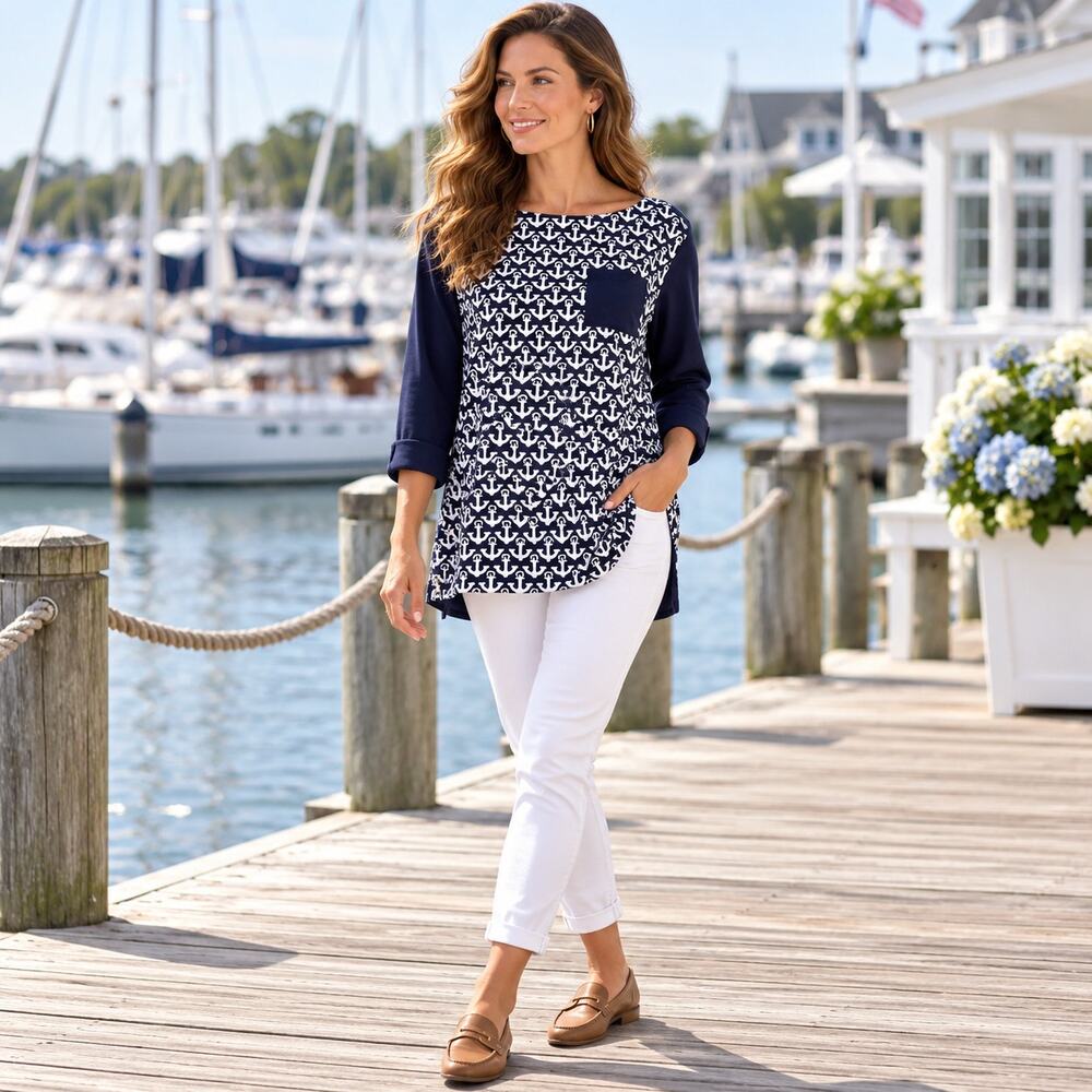 Tommy Hilfiger Anchor Womens Tunic Top Sz M Nautical Preppy Coastal Fiesherman